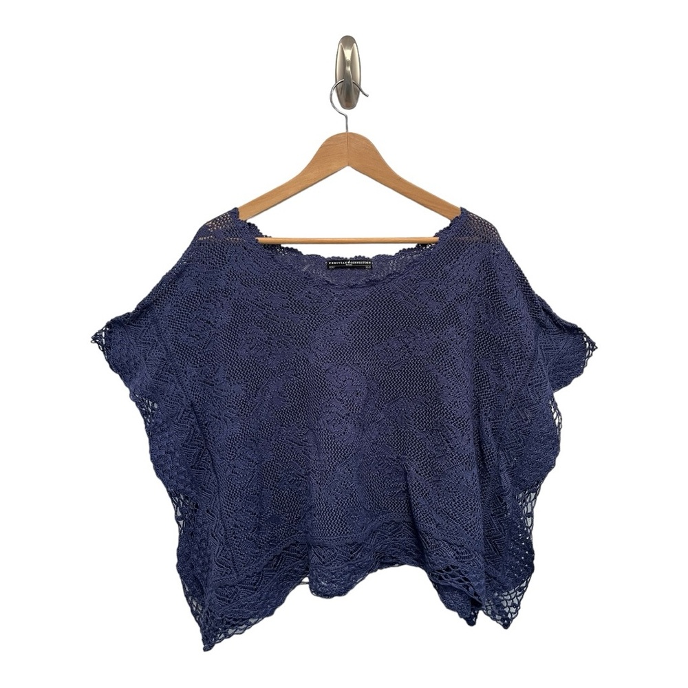 Peruvian Connection Boxy Pima Open Crochet Kimono Poncho Sweater Top XS/S Blue